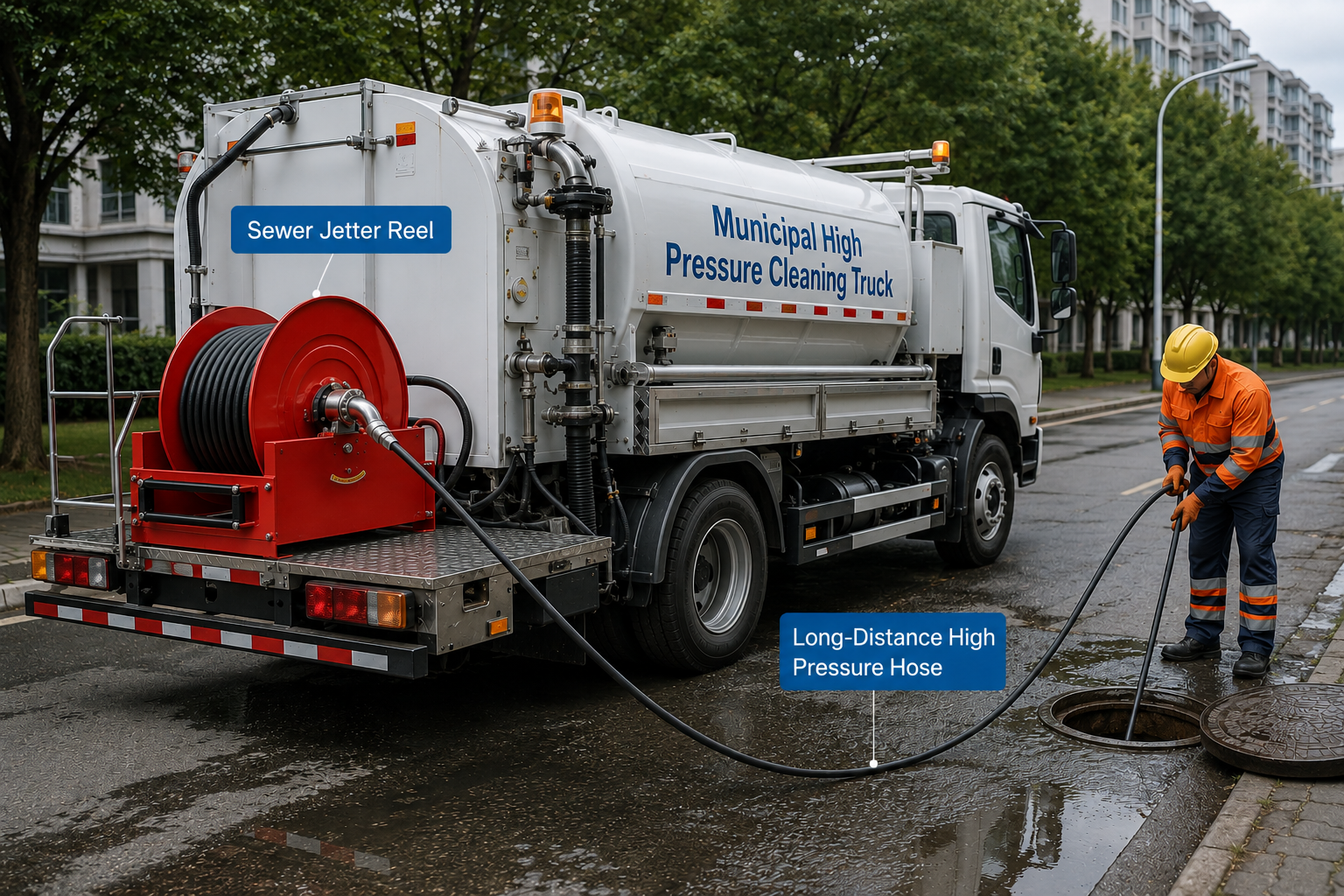 Sewer Jetter Reel Mounted on Municipal High Pressure Cleaning Truck